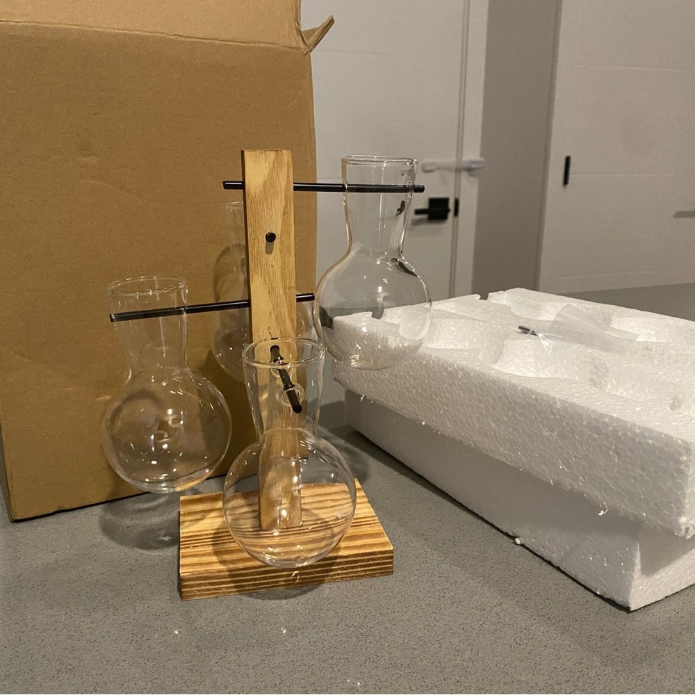 Wood and Glass Hydroponic Vase Set